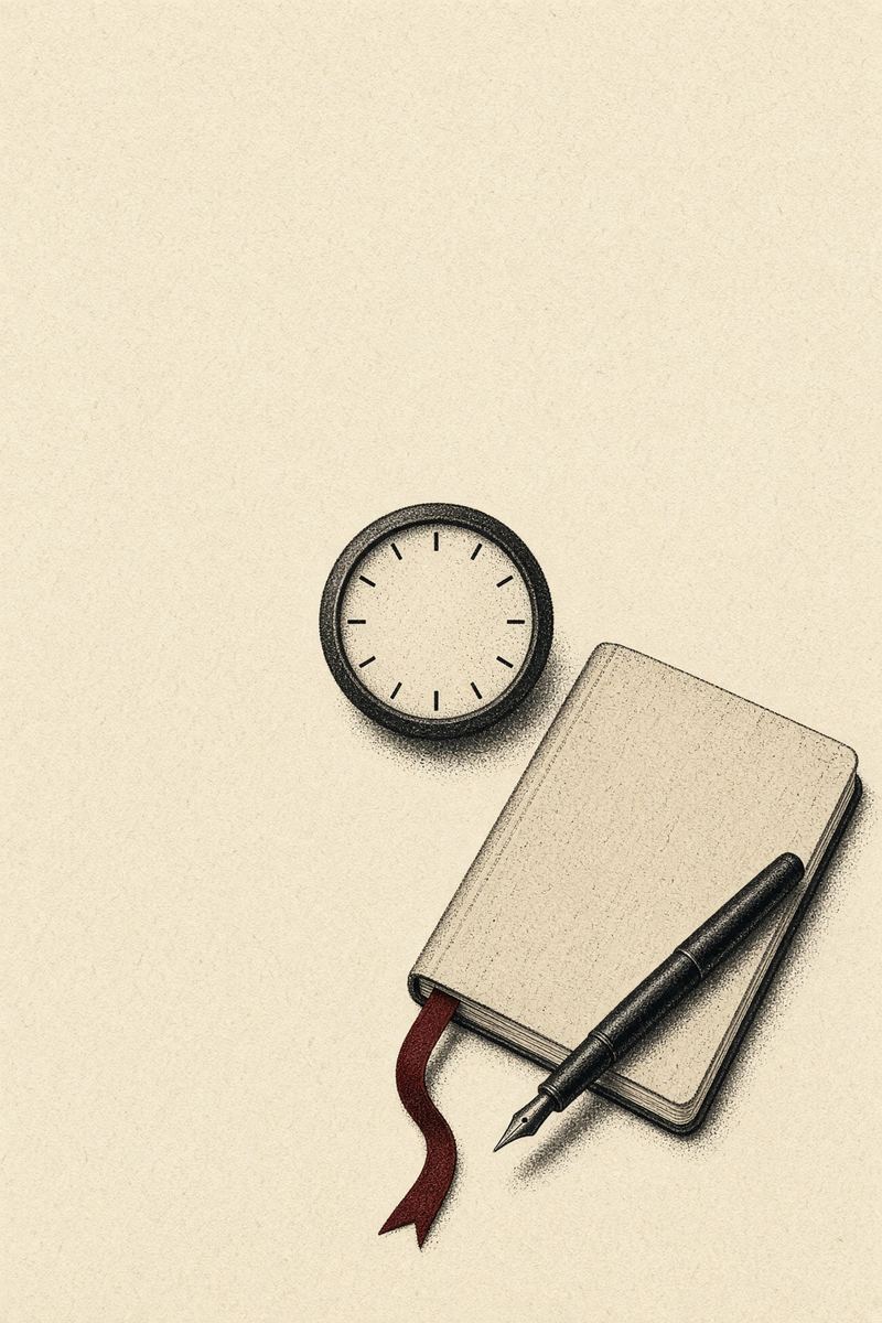 Cover: a clock without numerals, a closed notebook, and a fountain pen.
