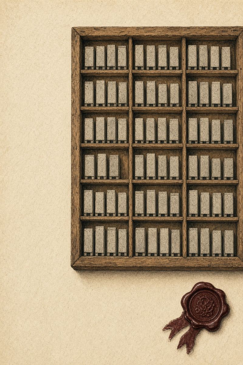 Cover: a letterpress type drawer and a wax seal.
